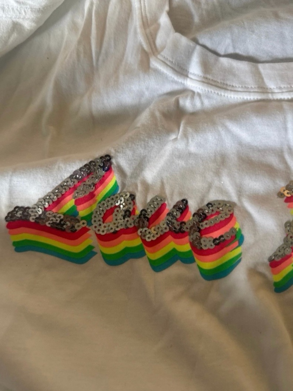 PINK White T-Shirt with Rainbow Sequin Accent size large new w tags